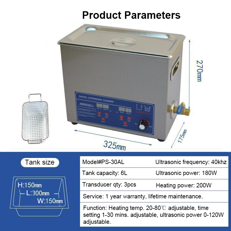 Power Adjustable Ultrasonic Cleaning Machine 6L 180W 40kHz Parts Washer - Image 8